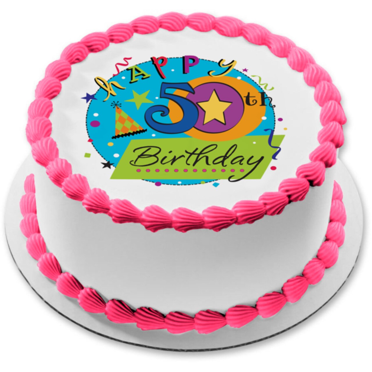 Happy 50th Birthday Party Hat Streamers and Stars Edible Cake Topper Image 8in Round